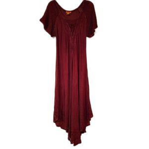 Sakkas Burgundy Boho Cotton Maxi Dress High Low Semi Sheer Cottage Festival XL